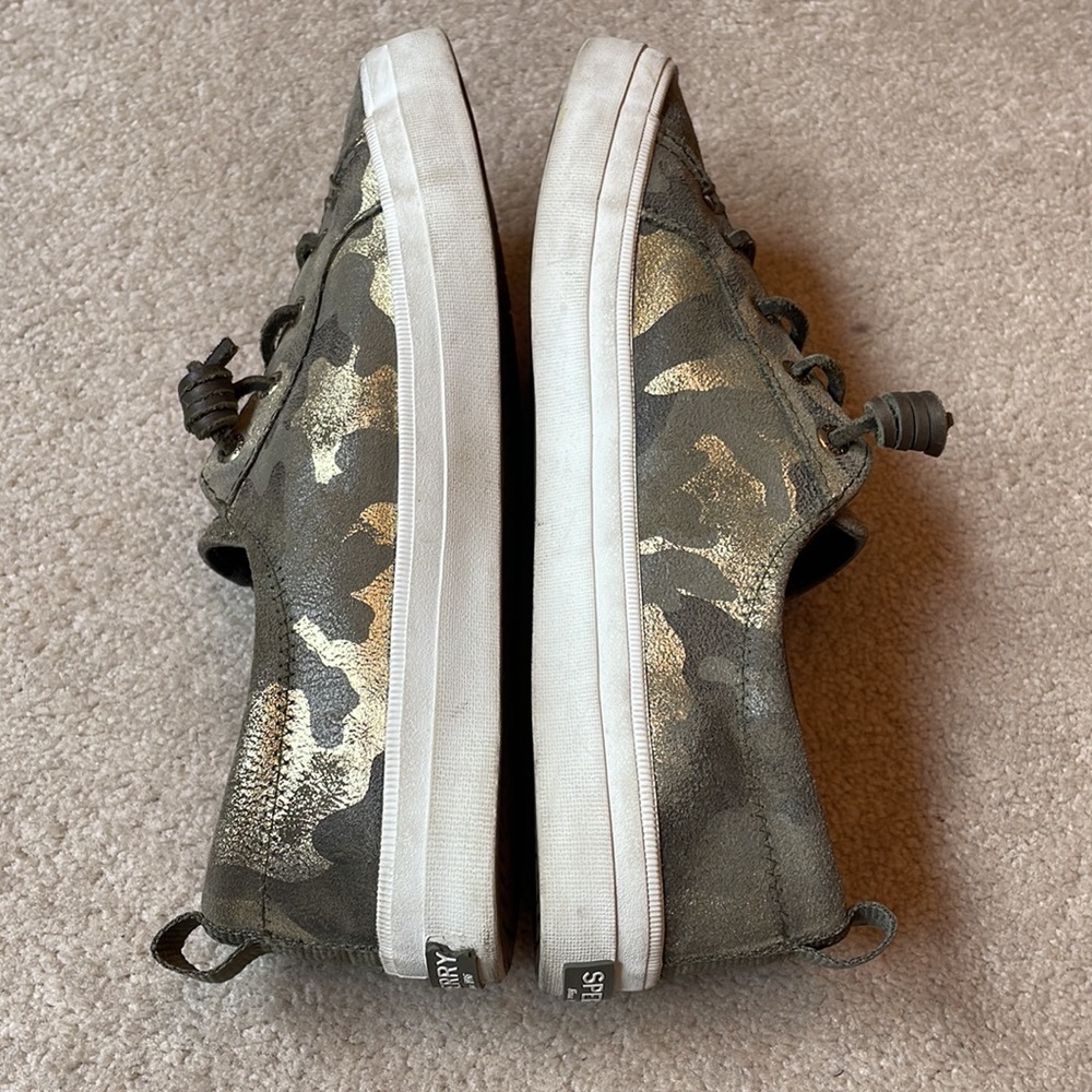 Sperry memory foam, green, and gold suede camo slip on’s - Picture 4 of 6